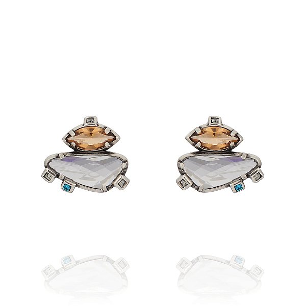 Brinco Camila Klein cristais pêssego e angelita translúcida prata velho