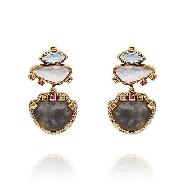 Brinco Camila Klein quartzo cinza e cristais ouro velho