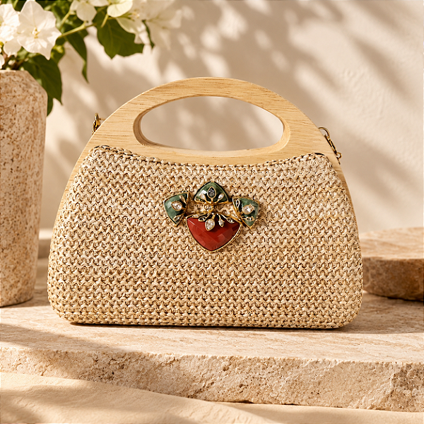 Bolsa Clutch de Palha com Jaspe Vermelha Camila Klein