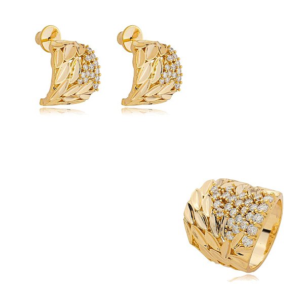Conjunto de brinco e anel folhas zircônia ouro semijoia BA 8094 AN 1222