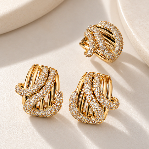 Conjunto Brinco e Anel com Aros e Micro Zircônias