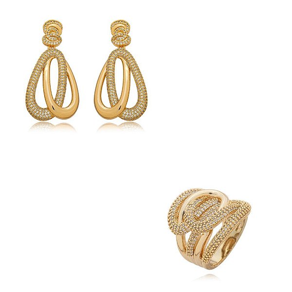 Conjunto de brinco e anel gotas zircônia ouro semijoia BA 8065 AN 1211