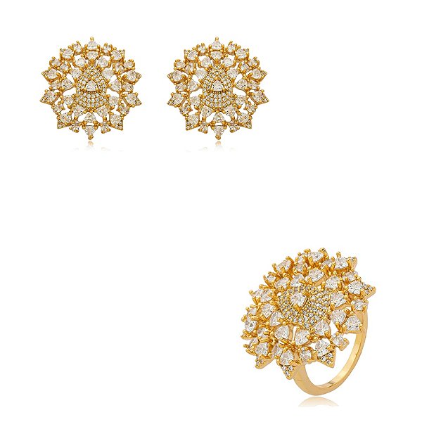 Conjunto de brinco e anel mandala zircônia ouro semijoia BA 5950 AN 765