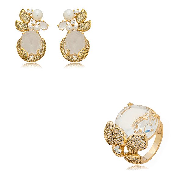Conjunto de brinco e anel pérola zircônia ouro semijoia BA 8101 AN 1220