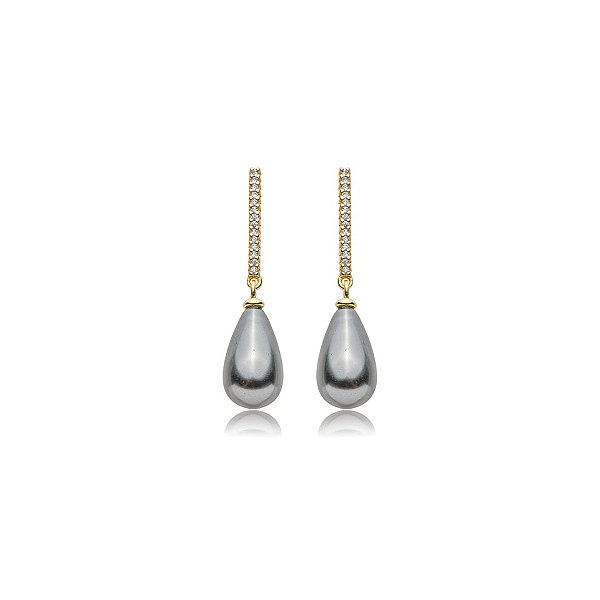 Brinco palito pérola shell gota grafite zircônia ouro semijoia