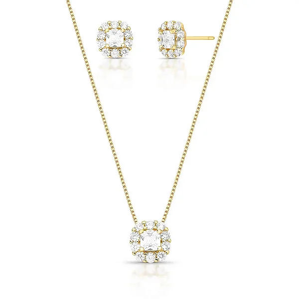 Colar e brinco quadrado zircônia ouro semijoia