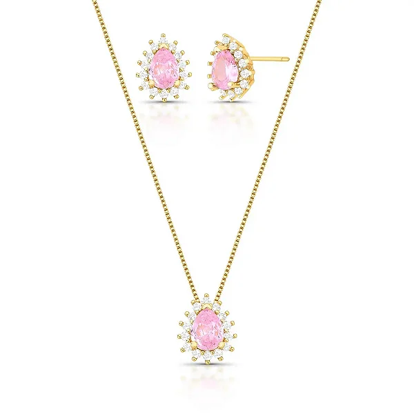 Colar e brinco gota cristal rosa zircônia ouro semijoia