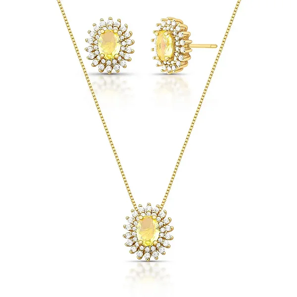 Colar e brinco oval cristal amarelo zircônia ouro semijoia