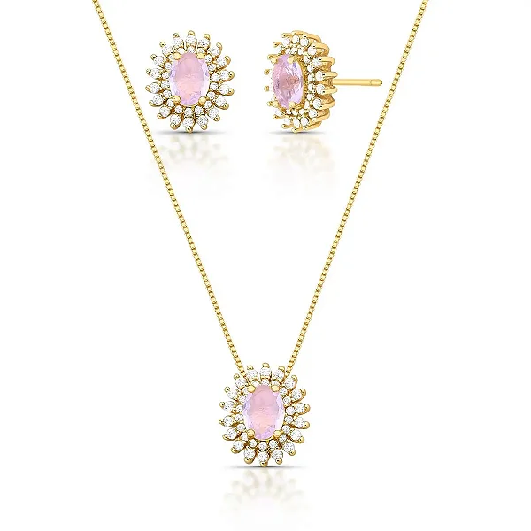 Colar e brinco oval cristal roxo claro zircônia ouro semijoia