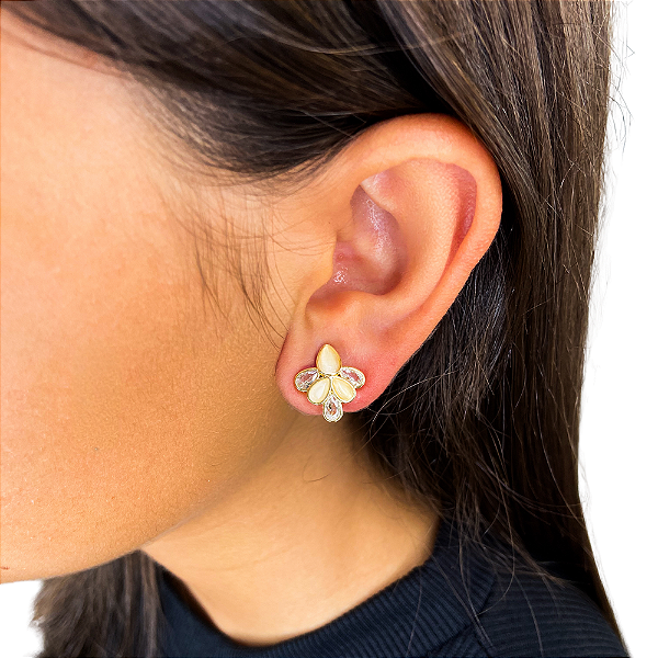 Brinco pressão floral zircônia ouro semijoia