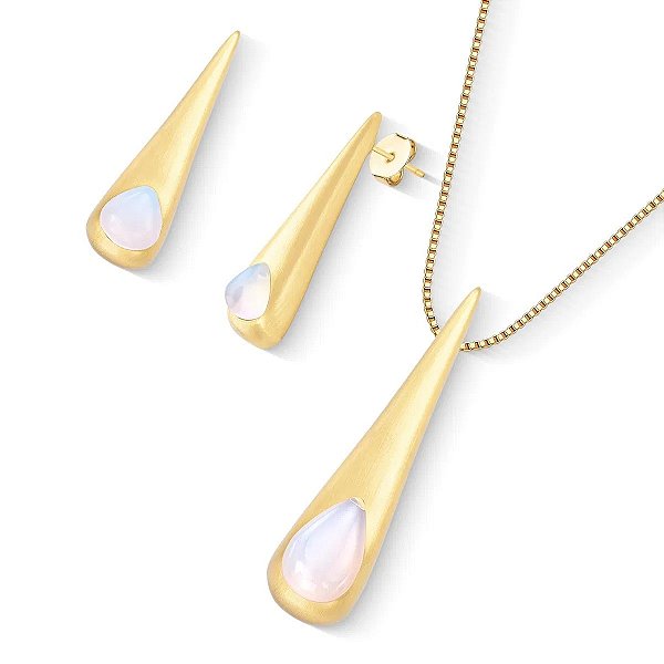Colar e brinco gota alongada pedra natural opalina ouro acetinado semijoia