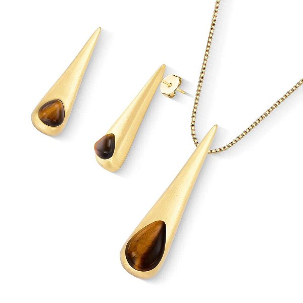 Colar e brinco gota alongada pedra natural olho de tigre ouro acetinado semijoia