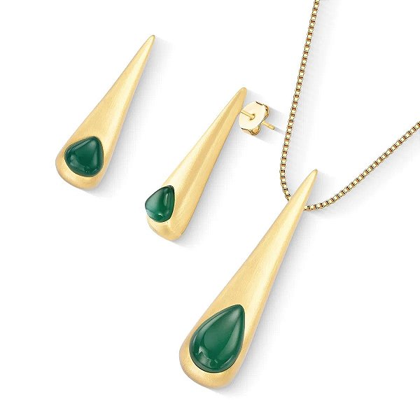 Colar e brinco gota alongada pedra natural ágata verde ouro acetinado semijoia