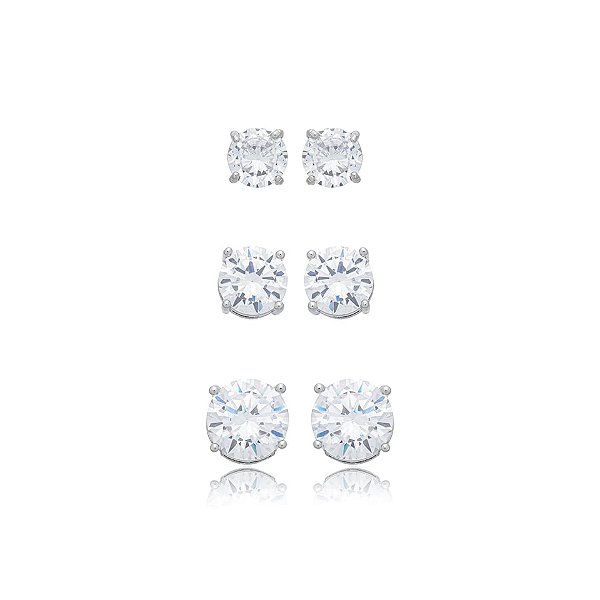 Kit 3 brincos ponto de luz zircônia ródio semijoia E0123