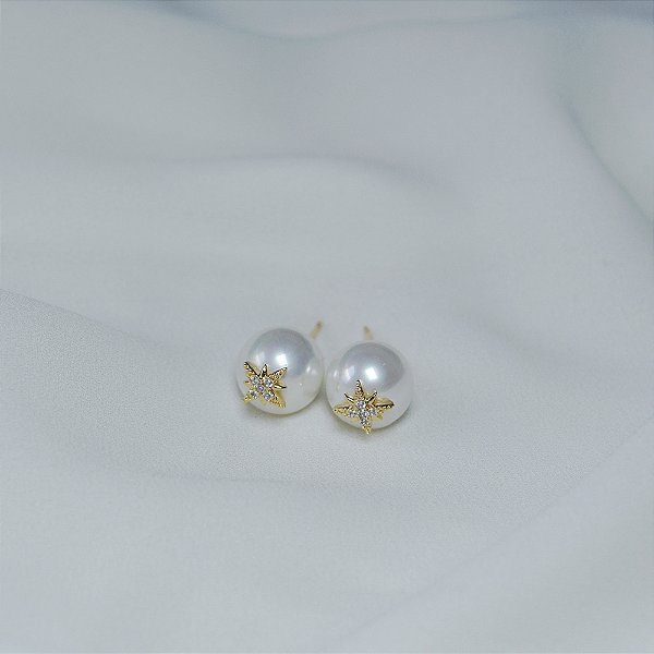 Brinco pérola estrela zircônia ouro semijoia