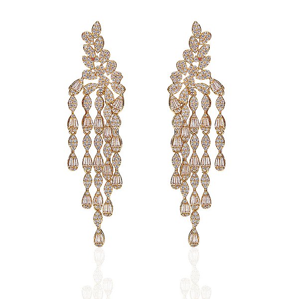 Brinco franja zircônia ouro semijoia