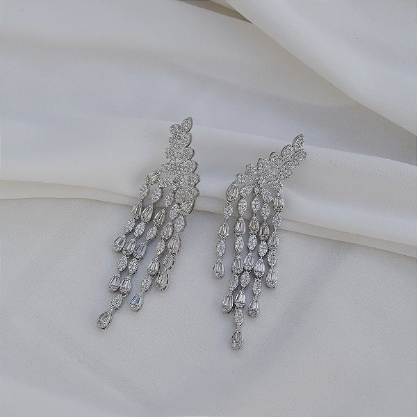 Brinco franja zircônia ródio semijoia