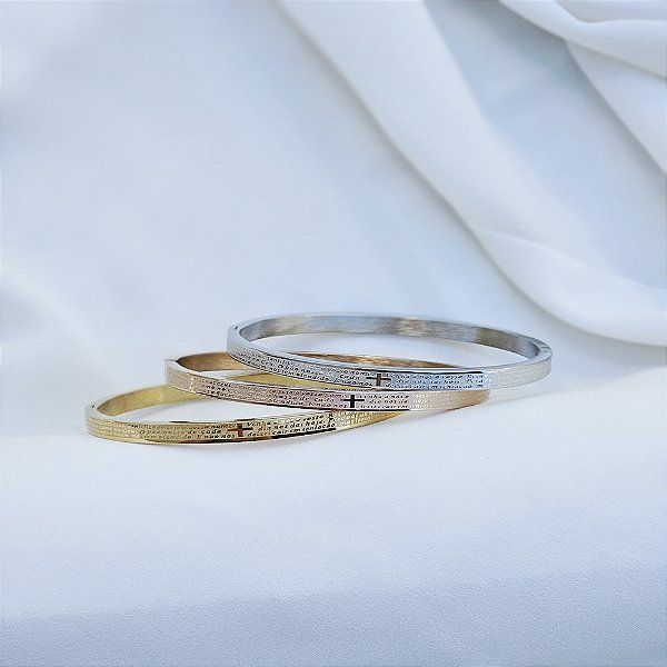 Trio braceletes oração Pai Nosso aço inox ouro prata e rosê