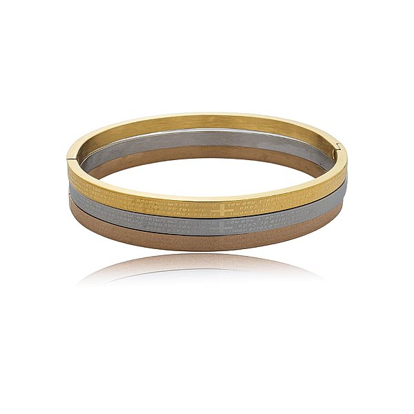 Trio braceletes oração Pai Nosso aço inox ouro prata e rosê