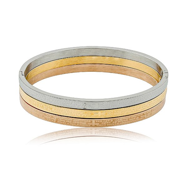Trio braceletes oração Pai Nosso aço inox ouro prata e rosê