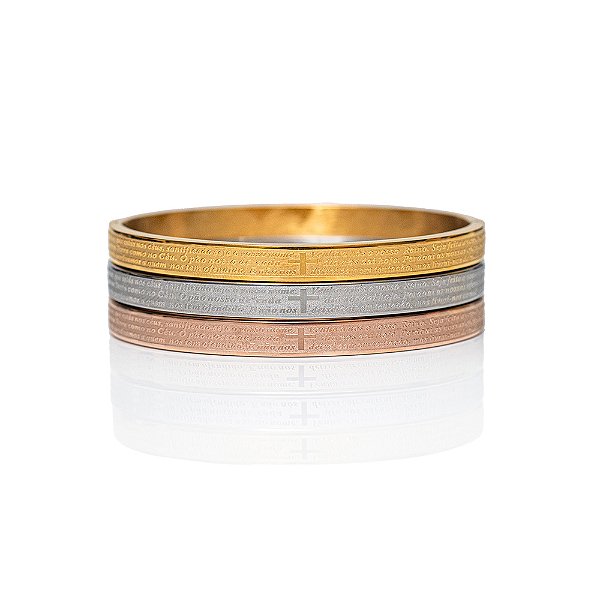 Trio braceletes oração Pai Nosso aço inox ouro prata e rosê