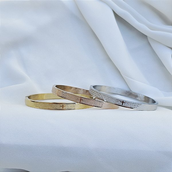 Trio braceletes oração Pai Nosso aço inox ouro prata e rosê