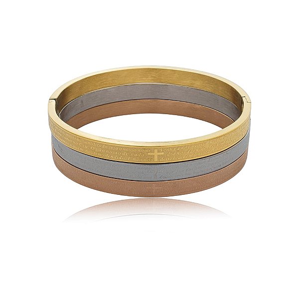 Trio braceletes oração Pai Nosso aço inox ouro prata e rosê