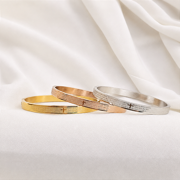 Trio braceletes oração Pai Nosso aço inox ouro prata e rosê