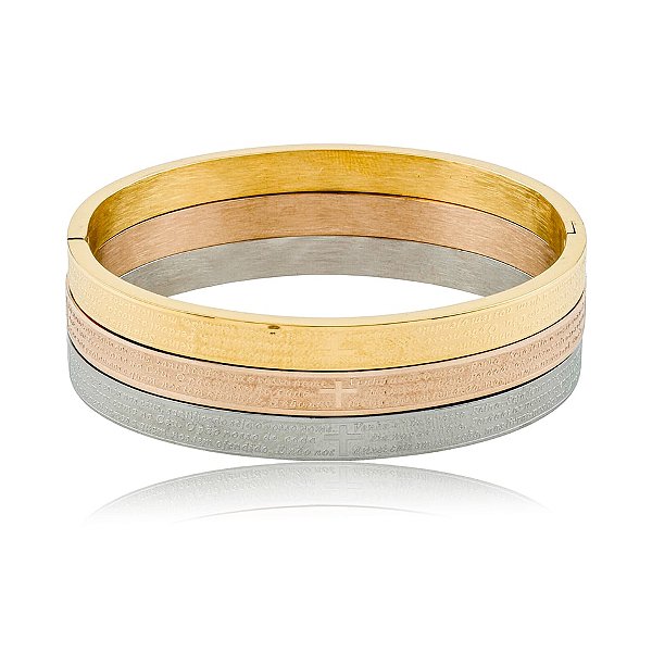 Trio braceletes oração Pai Nosso aço inox ouro prata e rosê
