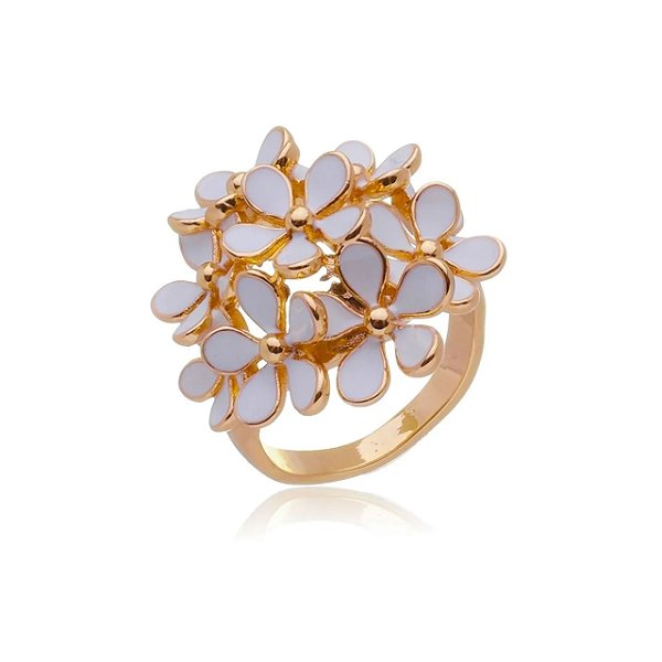 Anel flores esmaltadas ouro semijoia