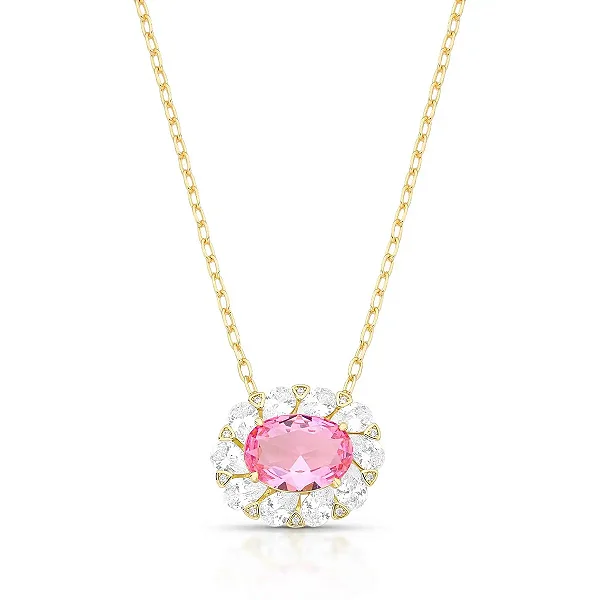 Colar pingente oval cristal rosa escuro ouro semijoia