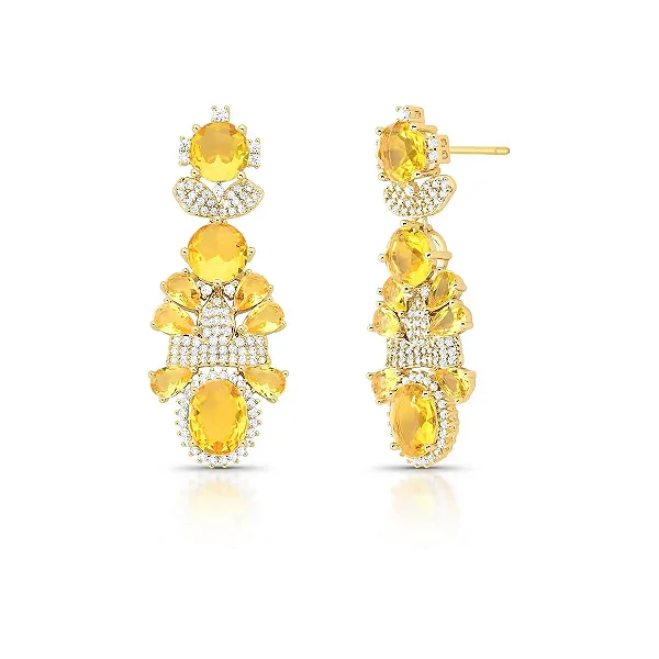 Brinco pêndulo zircônia cristal amarelo ouro semijoia