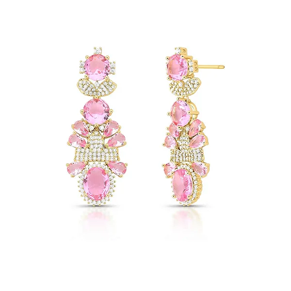 Brinco pêndulo zircônia cristal rosa ouro semijoia