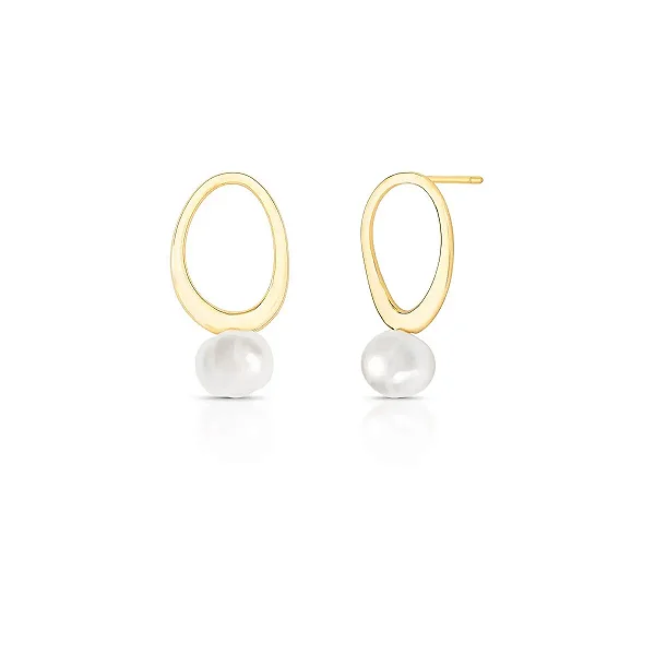 Brinco oval pérola água doce ouro semijoia
