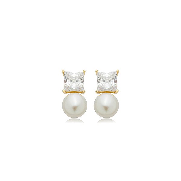 Brinco pérola shell zircônia ouro semijoia