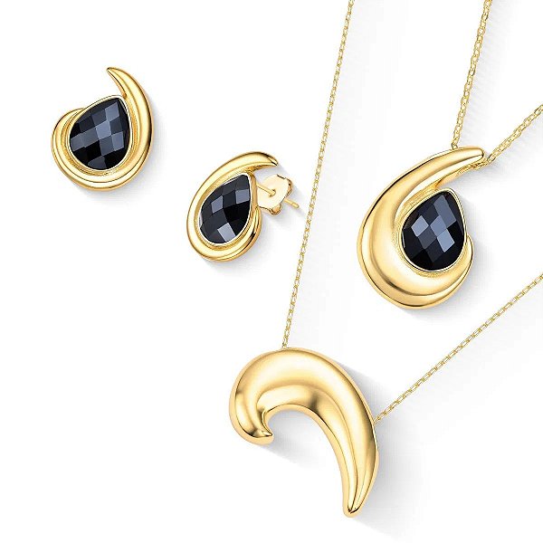 Colar e brinco gota pedra natural ágata preta perolada ouro semijoia