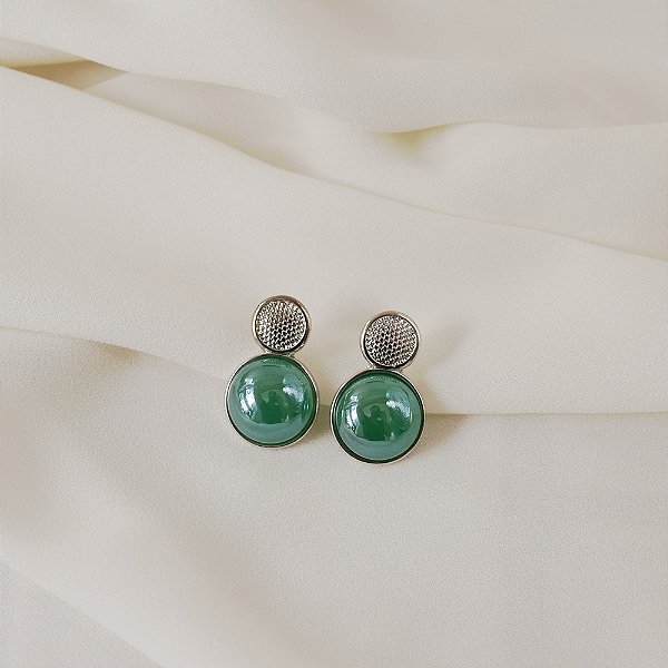 Brinco pedra natural ágata verde perolada ródio semijoia