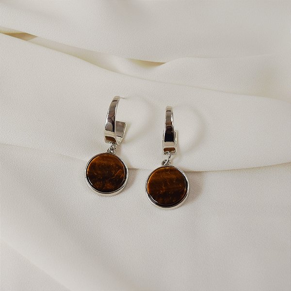 Brinco meia argola pedra natural olho de tigre ródio semijoia