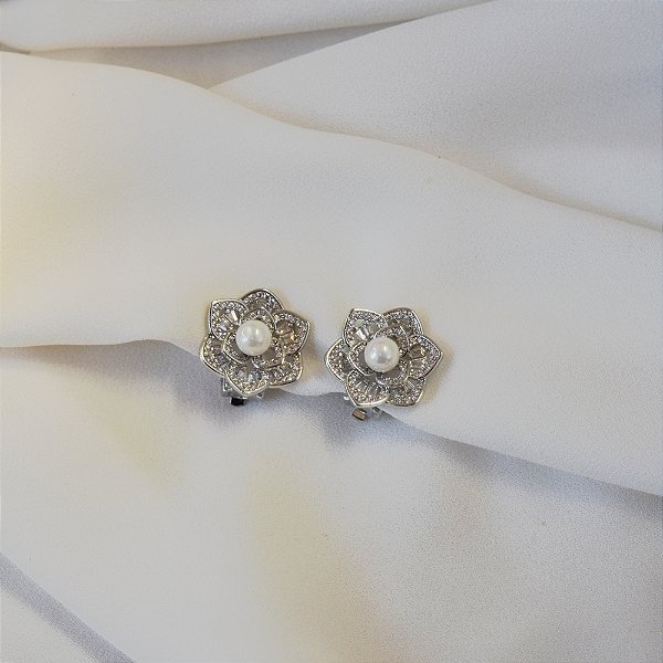 Brinco pressão flor pérola zircônia ródio 24k17004