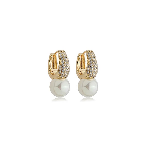 Brinco argolinha pérola zircônia ouro semijoia 19k14019