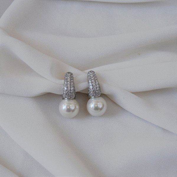 Brinco argolinha pérola zircônia ródio semijoia 19k14019