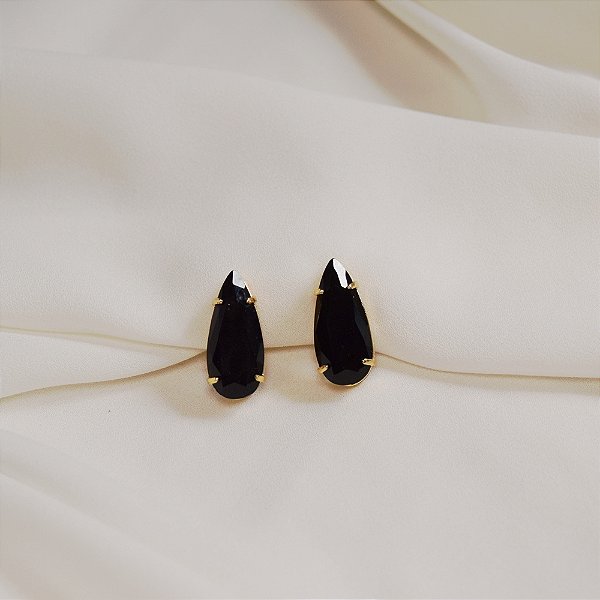 Brinco pressão gota cristal preto ouro semijoia