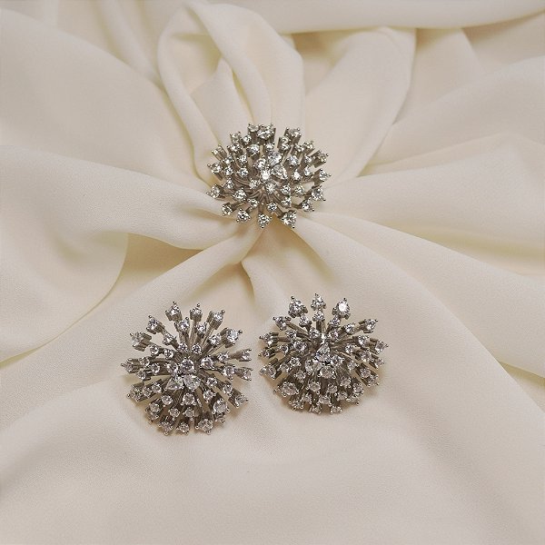 Conjunto de brinco e anel chuveiro zircônia ródio semijoia TZ250819