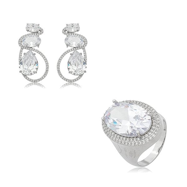 Conjunto de brinco e anel zircônia ródio semijoia E251024