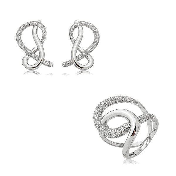 Conjunto de brinco e anel elos trançados zircônia ródio semijoia E251031