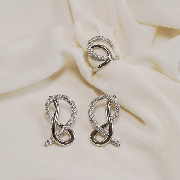 Conjunto de brinco e anel elos trançados zircônia ródio semijoia E251031