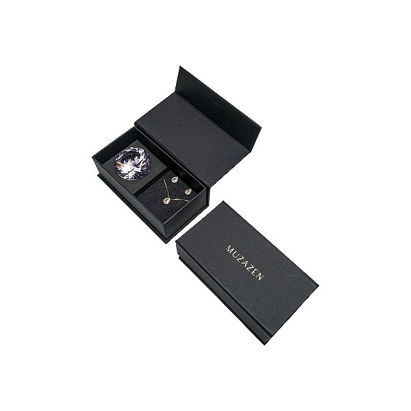 Kit Colar e Brinco Gota Rosa com Caixa Decorativa Diamante