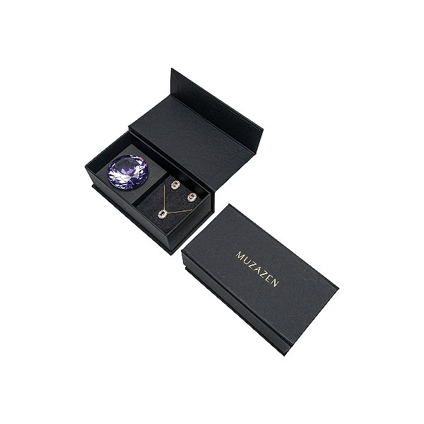 Kit Colar e Brinco oval cristal roxo claro com Caixa Decorativa Diamante