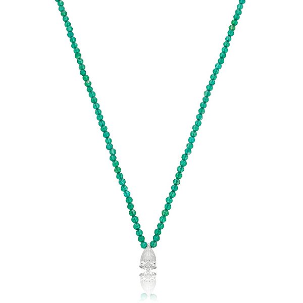 Colar pedra natural ônix verde com moissanite gota prata 925