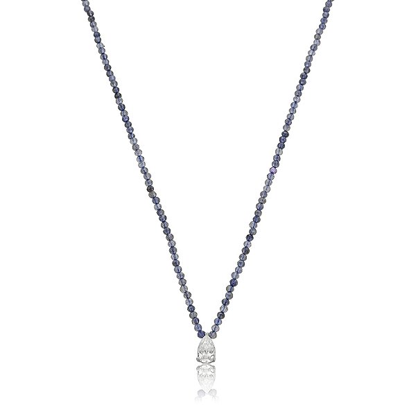 Colar pedra natural iolita com moissanite gota prata 925